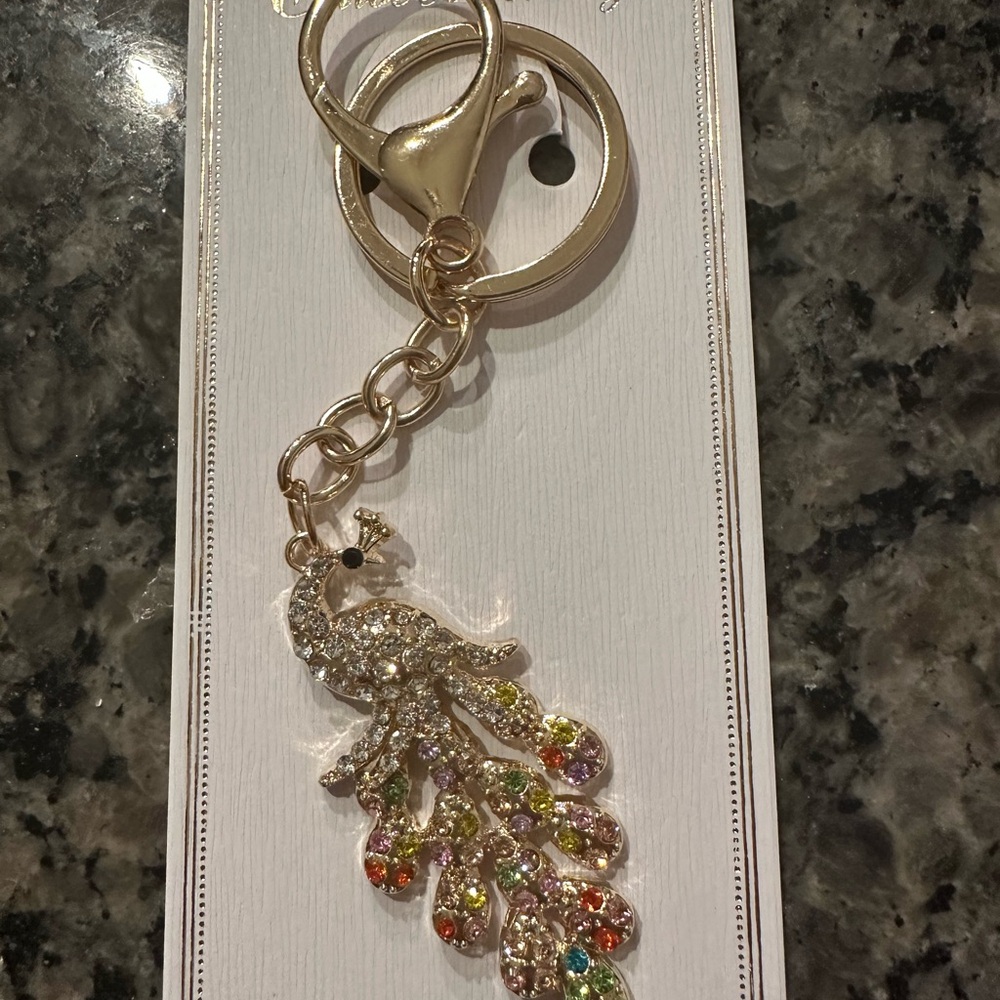 Gold Peacock Keychain/purse charm with Multicolor Crystals